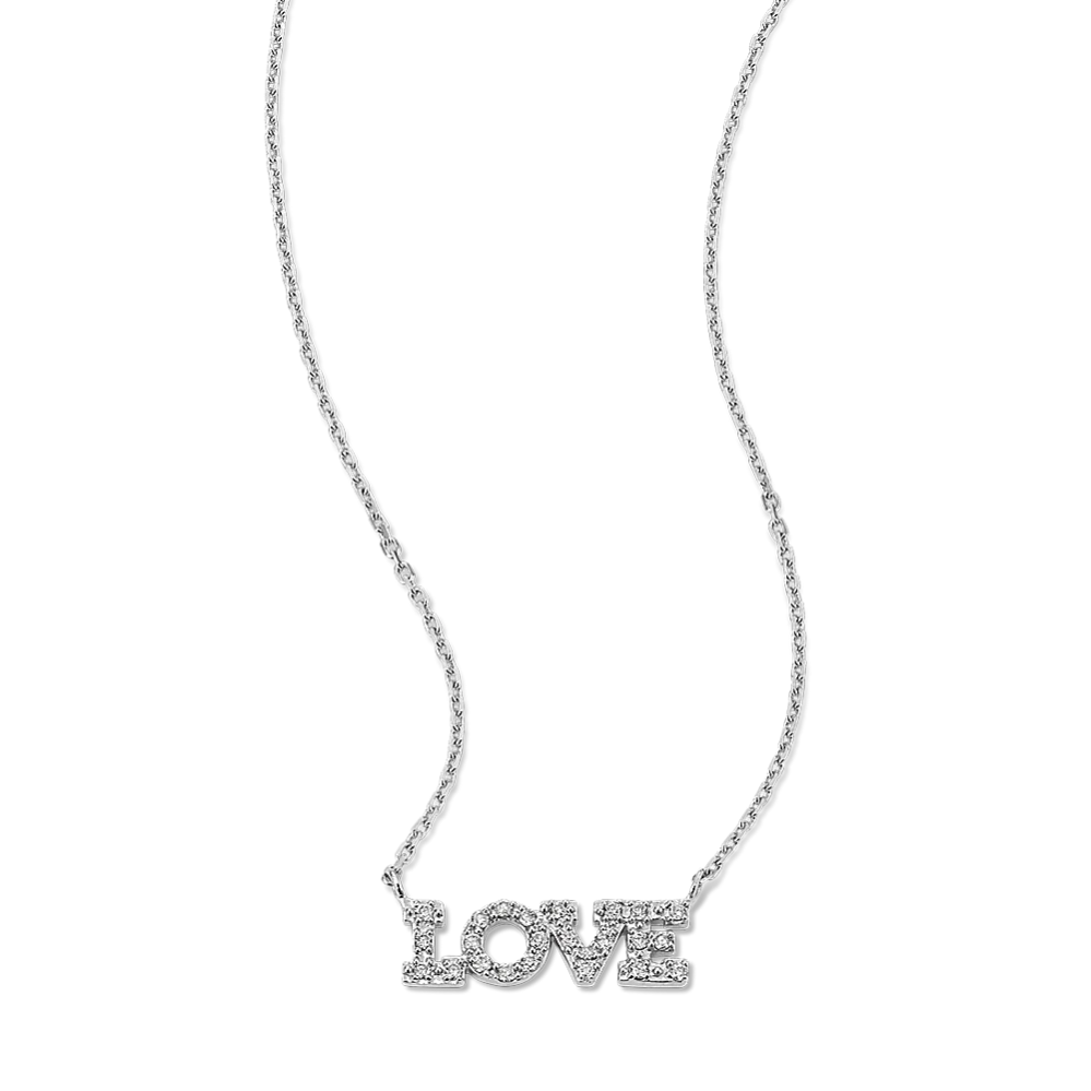 Diamond Love Necklace
This beautiful necklace features the word ‘love,’ making a meaningful gift or a beautiful daily accessory. It’s crafted in bright 14-karat white gold with natural diamond accents and a secure lobster clasp for worry-free wear.

23 round natural diamond accents at approx. 0.05 tcw
Approx. 1/2-inch pendant width
18-inch adjustable cable chain
Lobster clasp
14k white gold