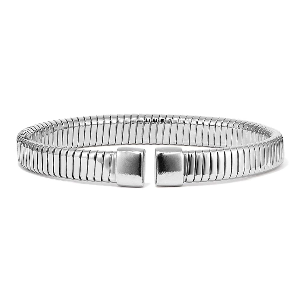 Flexible Sterling Silver Cuff Bracelet (7mm) This sterling silver cuff bracelet features a flexible design that makes it easier to take on and off without the use of a hinge or clasp. The flexible links also give it a fluted texture that looks beautiful on its own or stacked with other bracelets for a style that’s all you. 7-inch length Approx. 7mm width Sterling silver